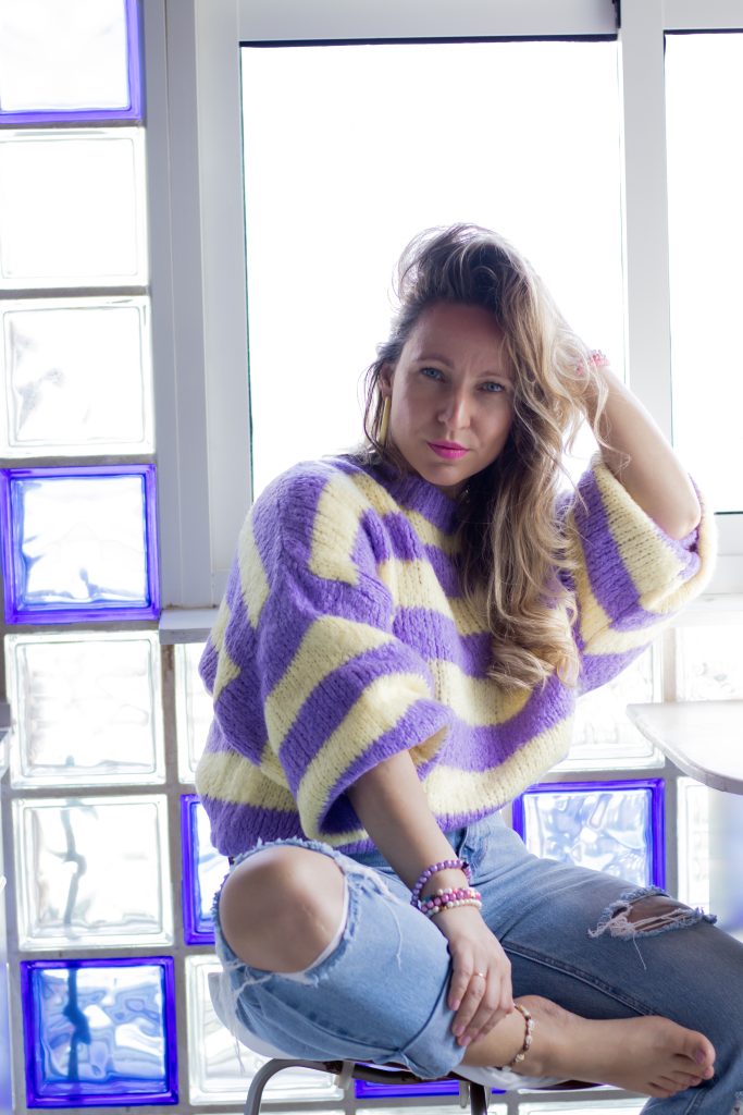 dopamine pullover gelber-lila-streifenpullover