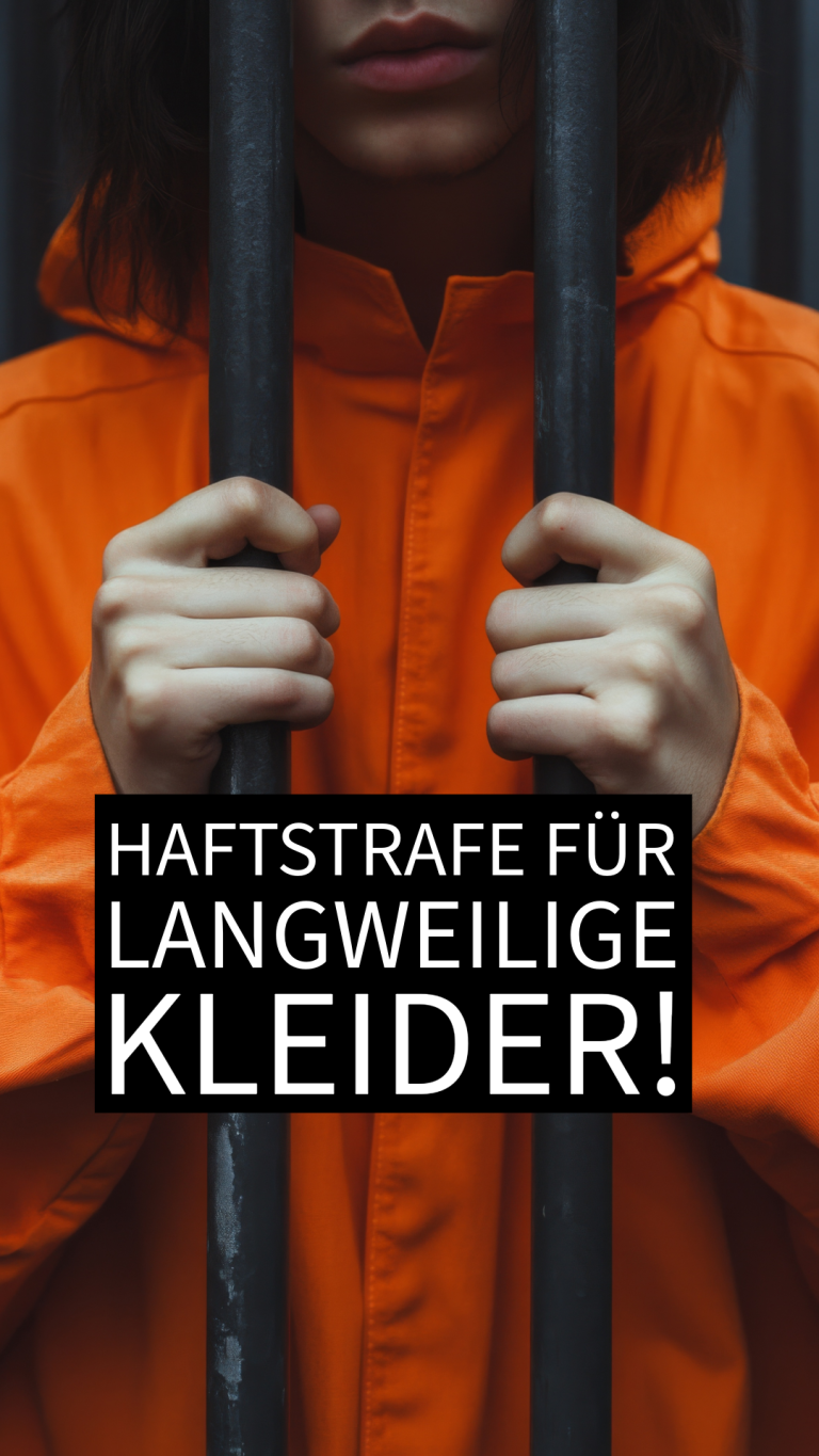 Junge in orangefarbener Jacke hält sich an Metallstäben fest, mit Text über langweilige Kleidung.